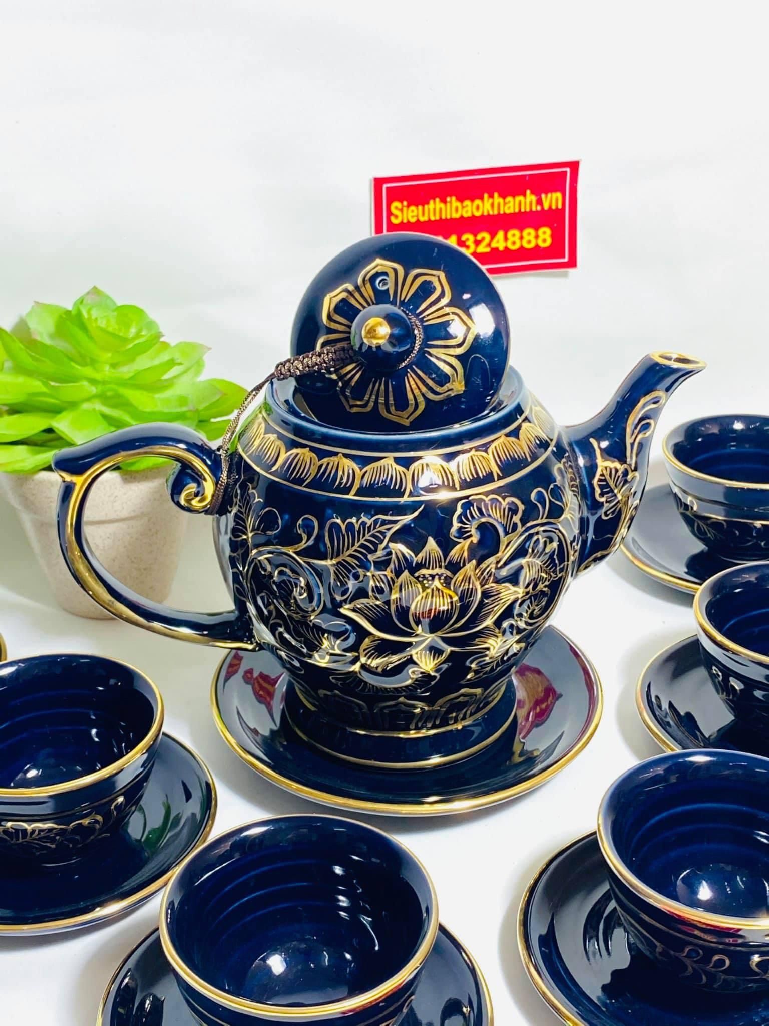  Bộ Ấm Chén Vinh Hoa Phú Quý Họa Xanh Cổ Vịt Tiết Hoa Sen Cao Cấp 