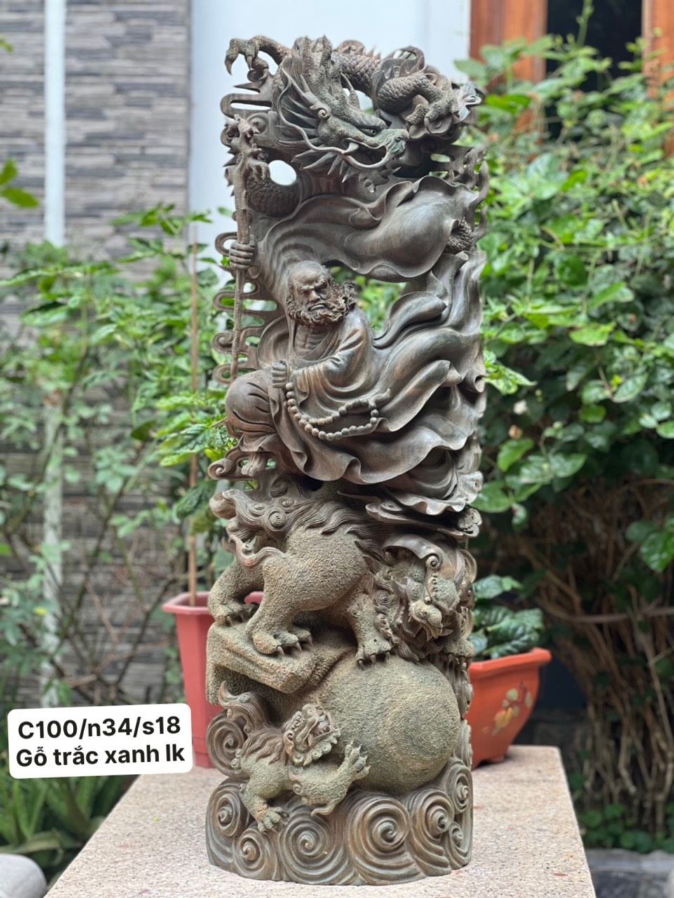  Tượng Đạt Ma Hàng Long Phục Nghê Gỗ Trắc Xanh Liền Khối 