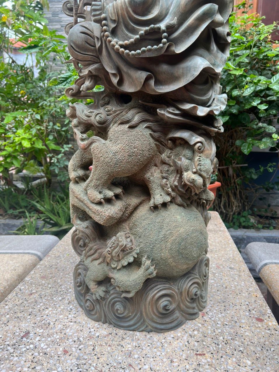  Tượng Đạt Ma Hàng Long Phục Nghê Gỗ Trắc Xanh Liền Khối 