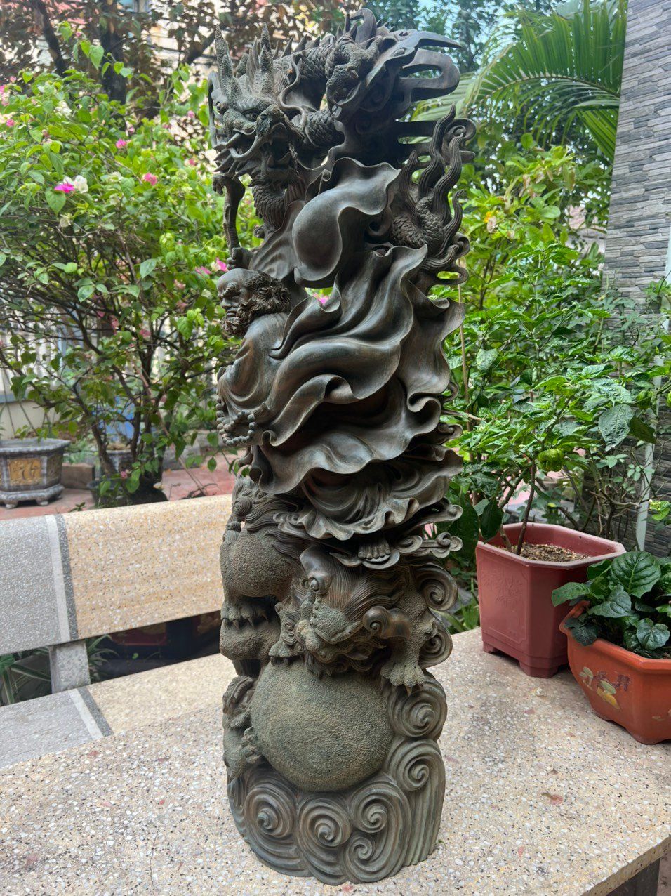  Tượng Đạt Ma Hàng Long Phục Nghê Gỗ Trắc Xanh Liền Khối 