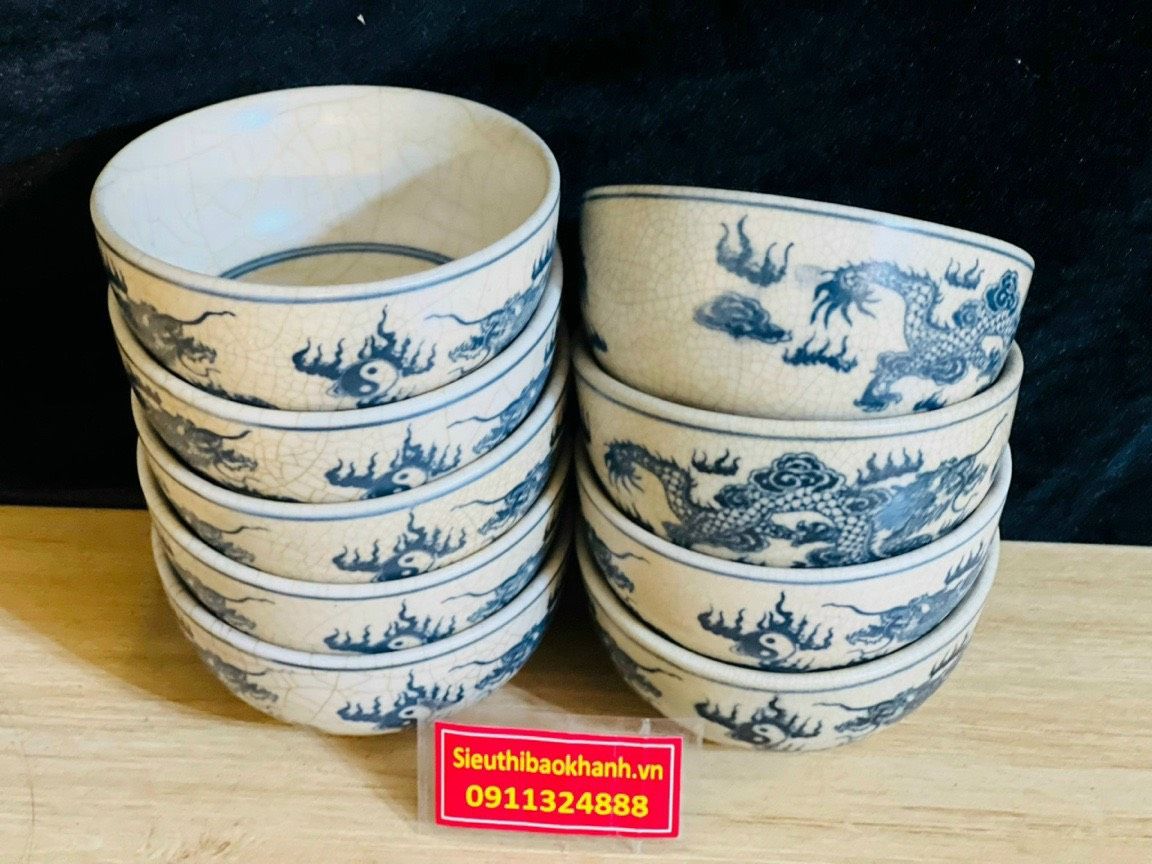  Bát Cúng Cơm Thờ Bát Men Rạn  Hoạ Tiết Rồng Phượng Mặt Nguyệt 