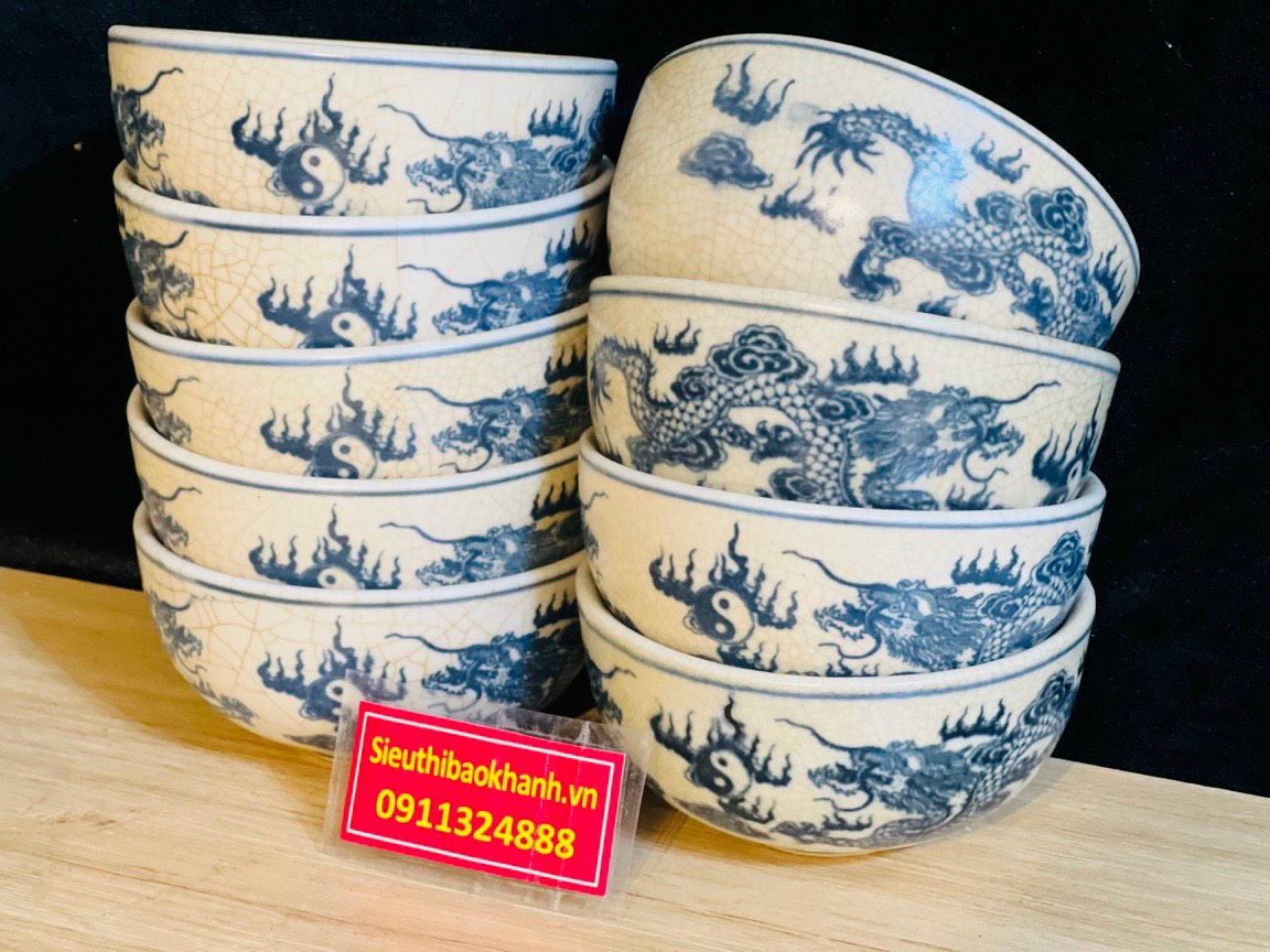  Bát Cúng Cơm Thờ Bát Men Rạn  Hoạ Tiết Rồng Phượng Mặt Nguyệt 