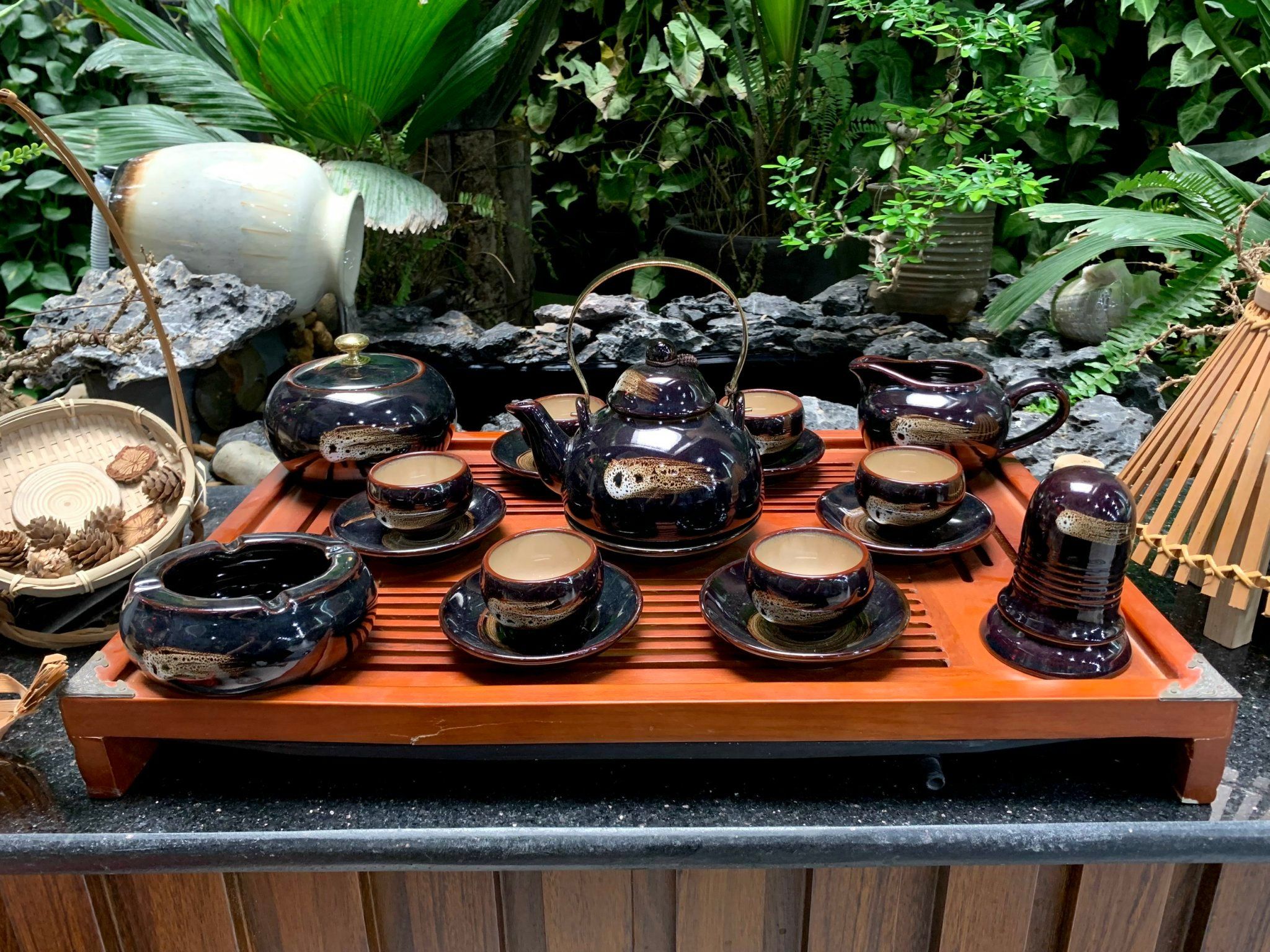  Bộ Ấm Chén Hoả Biến Bát Tràng Cao Cấp Men Nâu Quệt Dáng Chuông 350ml 