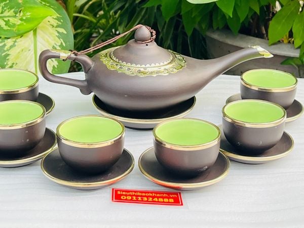  [Siêu Đẹp] Bộ Ấm Chén Bát Tràng Tử Sa Aladanh Bọc Đồng Cao Cấp 