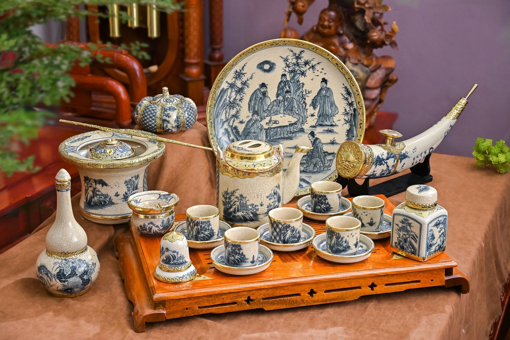  Bộ Ấm Chén Bát Tràng Men Rạn Cổ Bọc Đồng Cao Cấp 