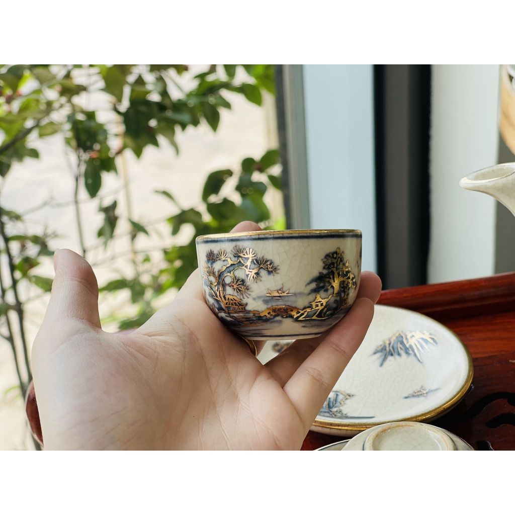  Bộ ấm chén họa tiết Sơn Thủy hoàng gia vẽ vàng Bát Tràng 500ml 