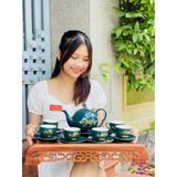  Bộ ấm chén men xanh họa tiết hoa sen vẽ vàng-Ấm chén Bảo Khánh 