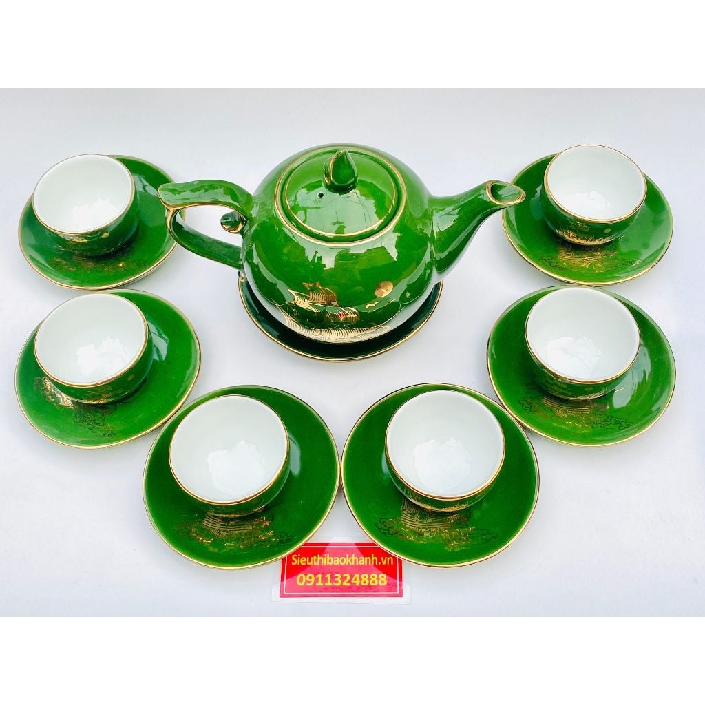  Bộ ấm chén ngọc lục bảo gốm sứ Bát Tràng vẽ vàng BKCEVN-8084 