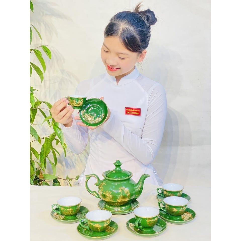  Bộ ấm chén xanh họa tiết công đào phú quý 