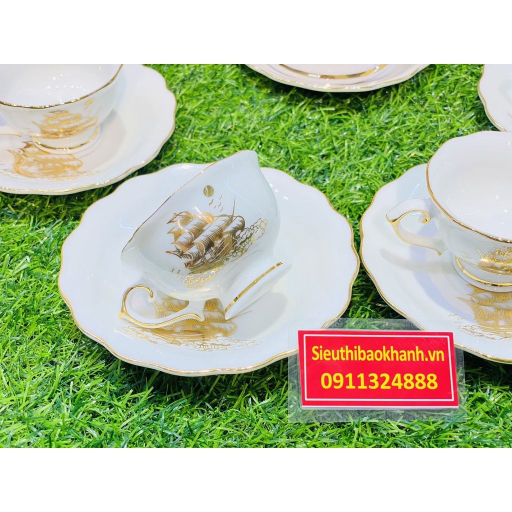  Bộ Ấm Chén,Ấm Trà Đẹp Men Trắng Viền Vàng họa tiết thuận buồm xuôi gió Chính Hãng Bát Tràng 350ml-Siêu Thị Bảo Khánh 