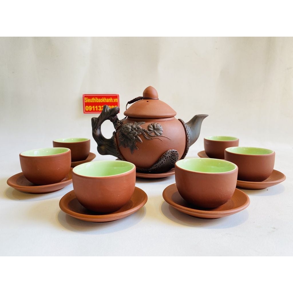  Bộ ấm chén tử sa lòng xanh họa tiết hoa mai 350ml BKCEVN-8207 