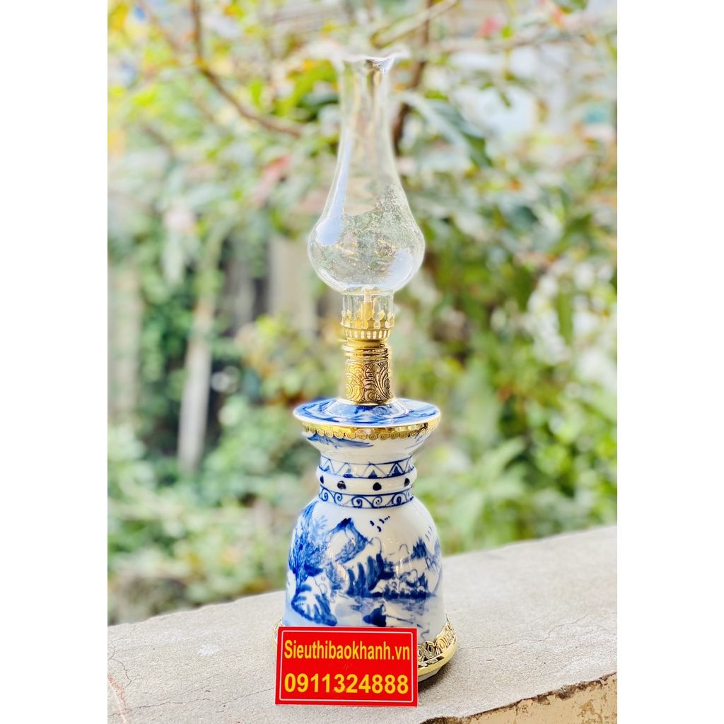  [ĐỒ THỜ CÚNG]-Cặp đèn dầu đồng thân gốm xuất xứ Bát Tràng 25cm 