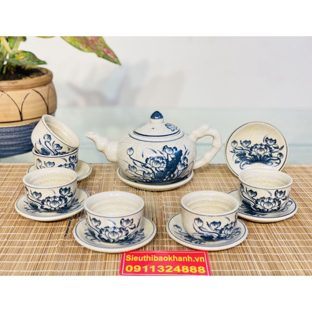  Bộ ấm chén men rạn Bát Tràng Vẽ Sen chính hãng 350ml 