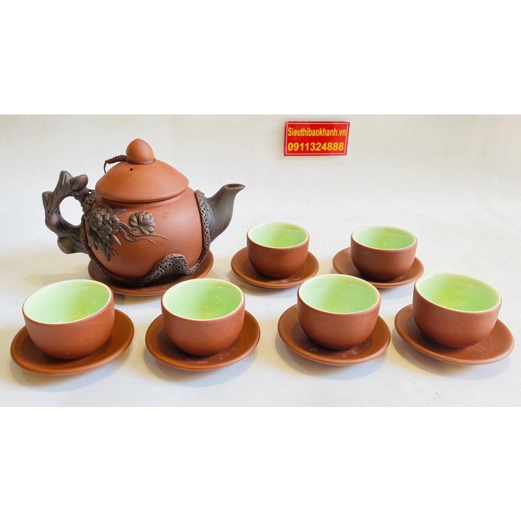  Bộ ấm chén tử sa lòng xanh họa tiết hoa mai 350ml BKCEVN-8207 