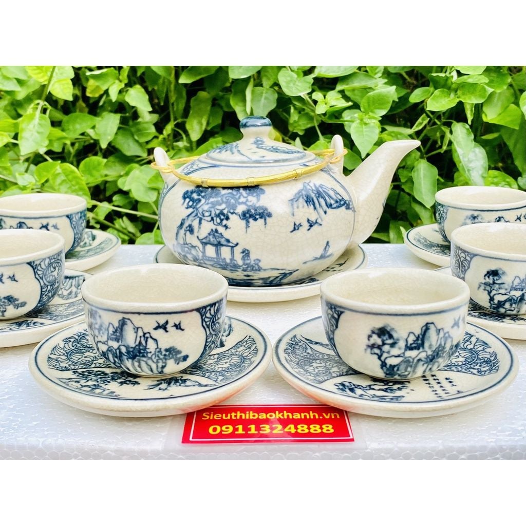  Ấm chén Bảo Khánh-Bộ ấm chén men rạn họa tiết sơn thủy đặc biệt 