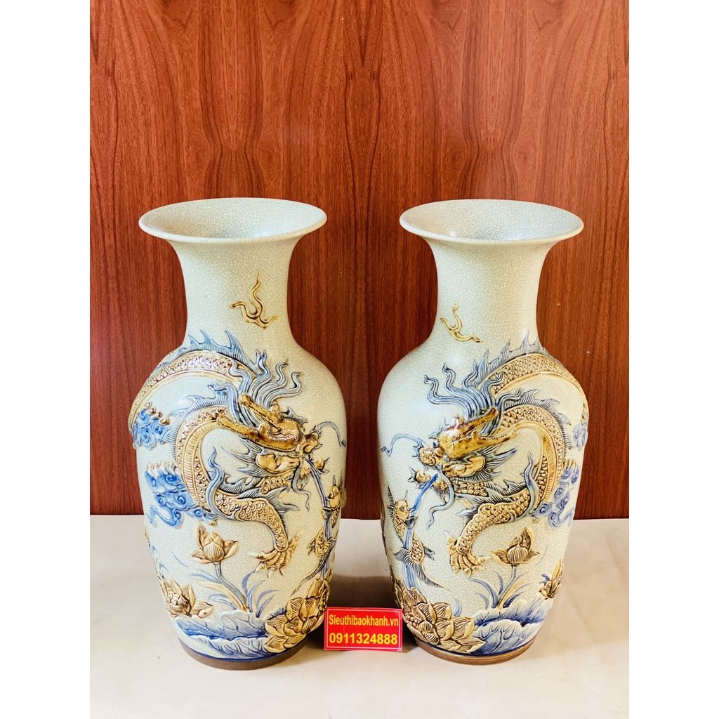  Cặp lục bình Gốm Men Rạn Bát Tràng họa tiết Song Long 50cm 