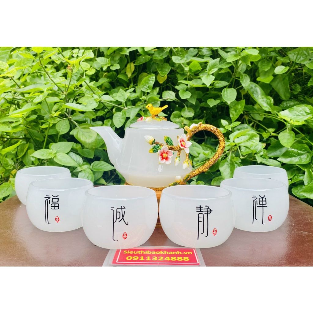  Bộ ấm chén,ấm trà đá ngọc họa tiết hoa đào in nổi 400ml 