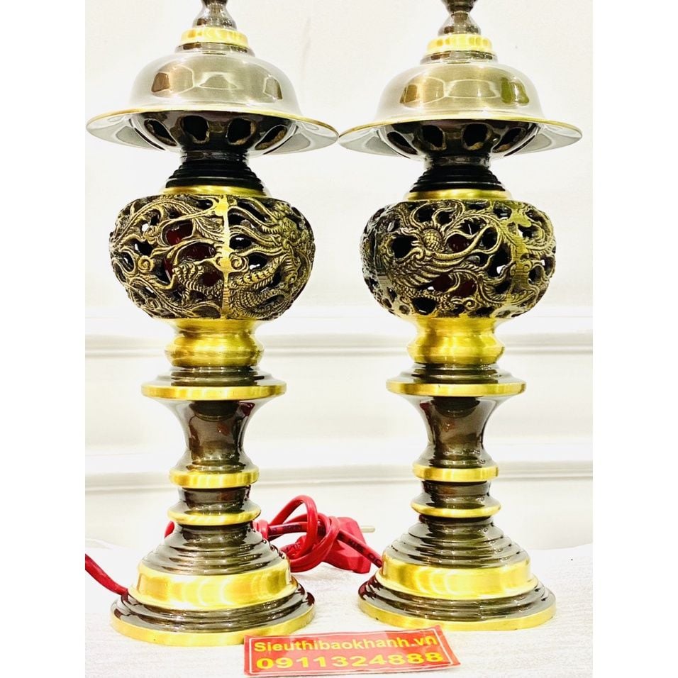  Cặp đèn thờ chất liệu Đồng nguyên chất trạm trổ Long Phụng 30cm-Bảo Khánh 