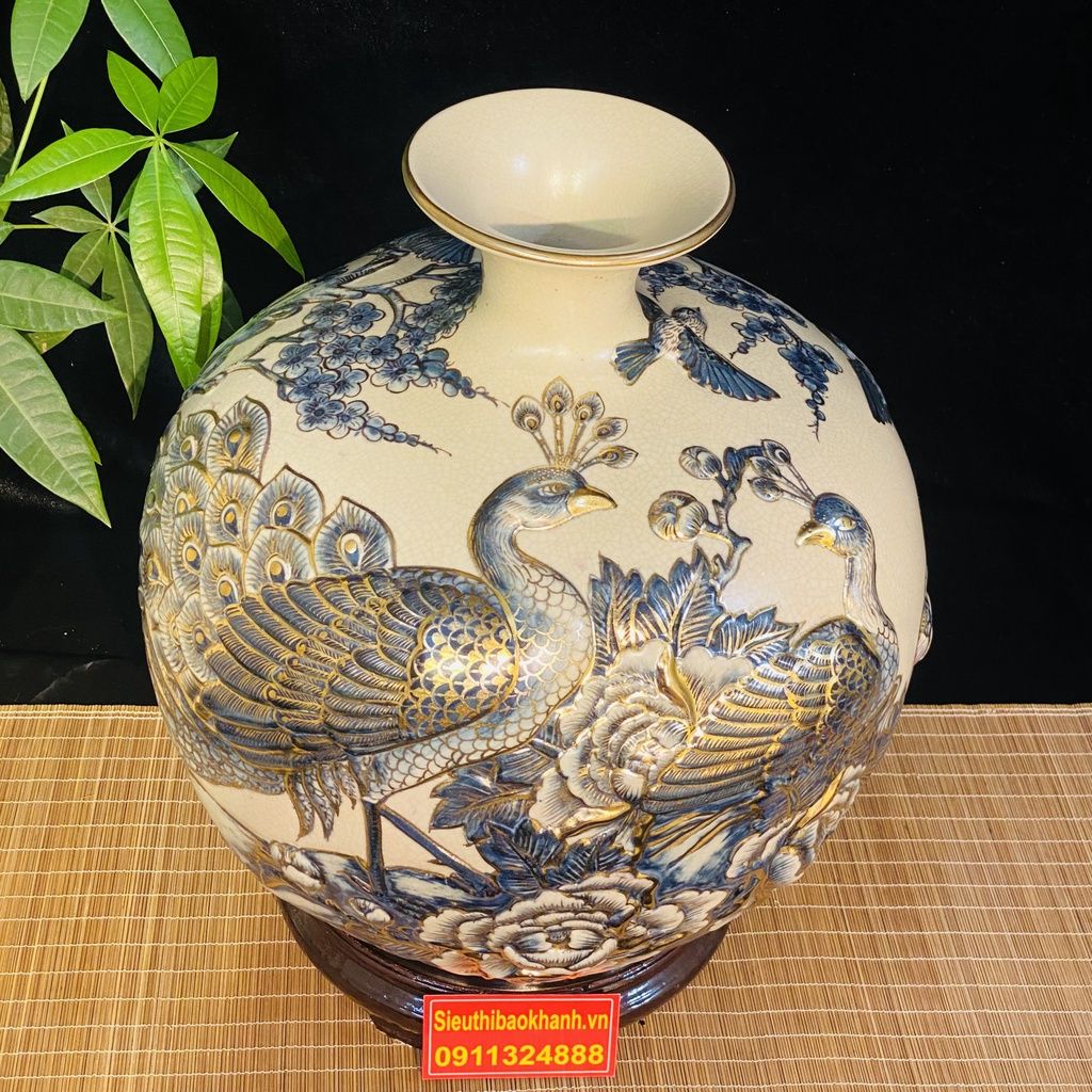  [HÀNG NGHỆ NHÂN]-Bình Hút Lộc men rạn công đào 35cm-mỹ nghệ bảo khánh 