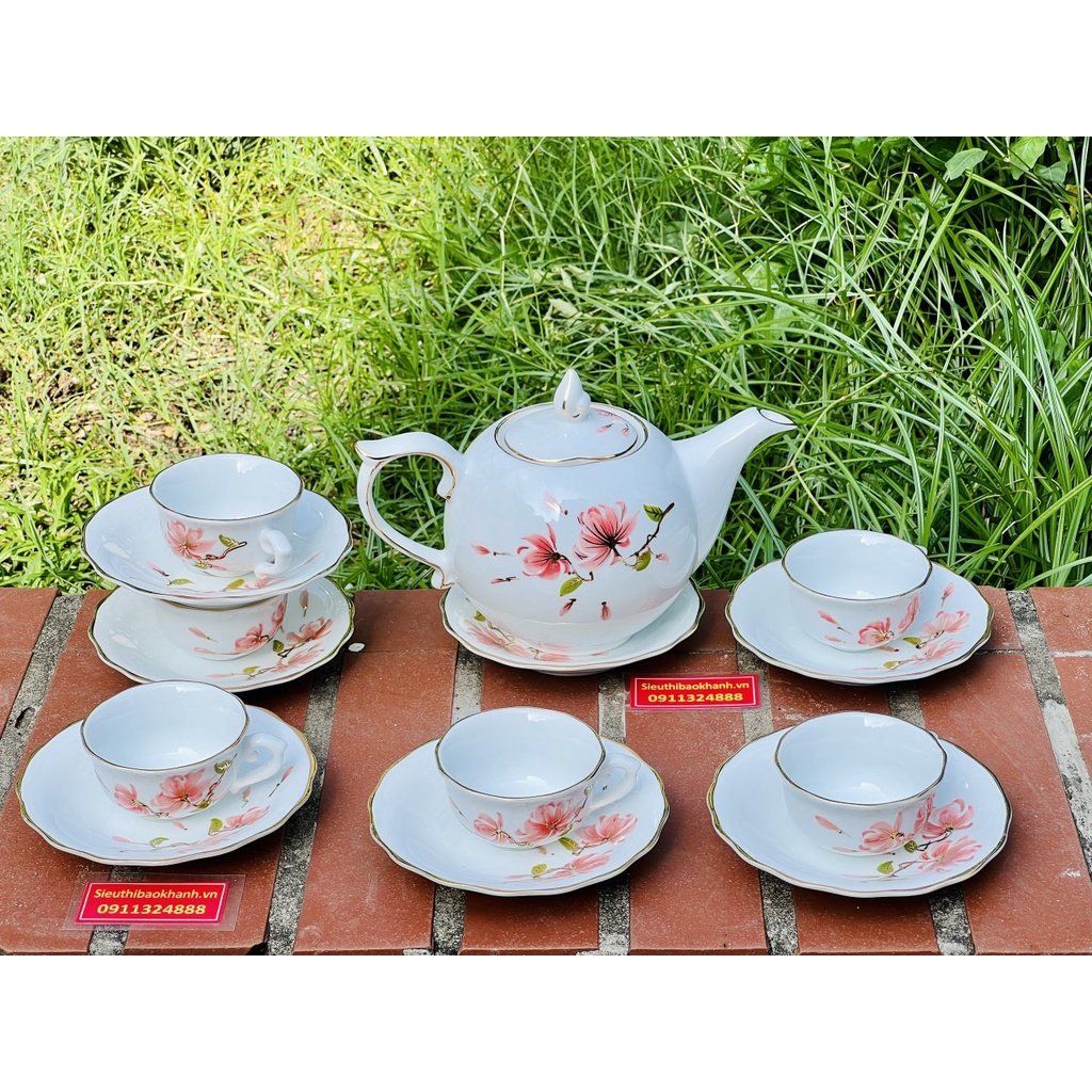  Bộ ấm chén Bát Tràng men trắng hoa tiết hoa 