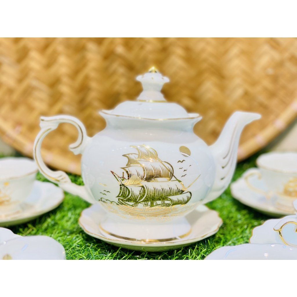  Bộ Ấm Chén,Ấm Trà Đẹp Men Trắng Viền Vàng họa tiết thuận buồm xuôi gió Chính Hãng Bát Tràng 350ml-Siêu Thị Bảo Khánh 