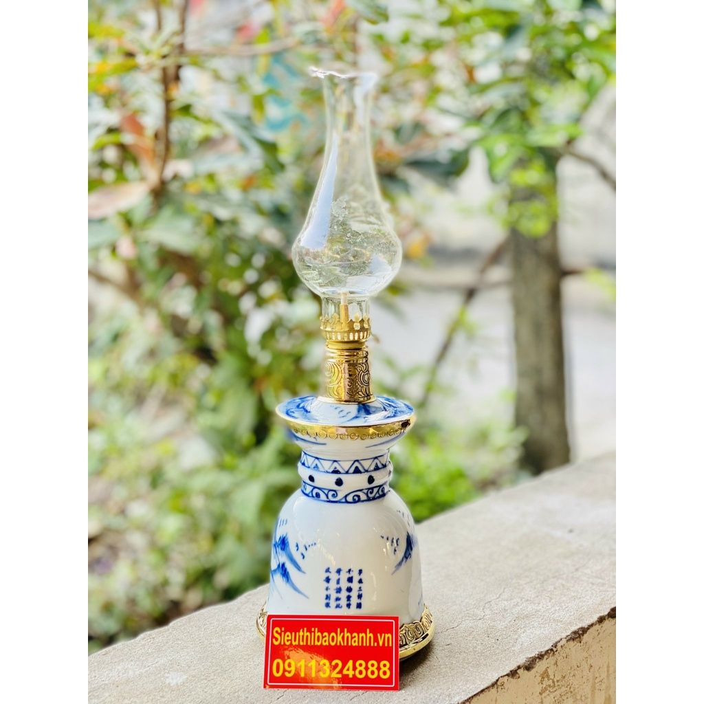  [ĐỒ THỜ CÚNG]-Cặp đèn dầu đồng thân gốm xuất xứ Bát Tràng 25cm 