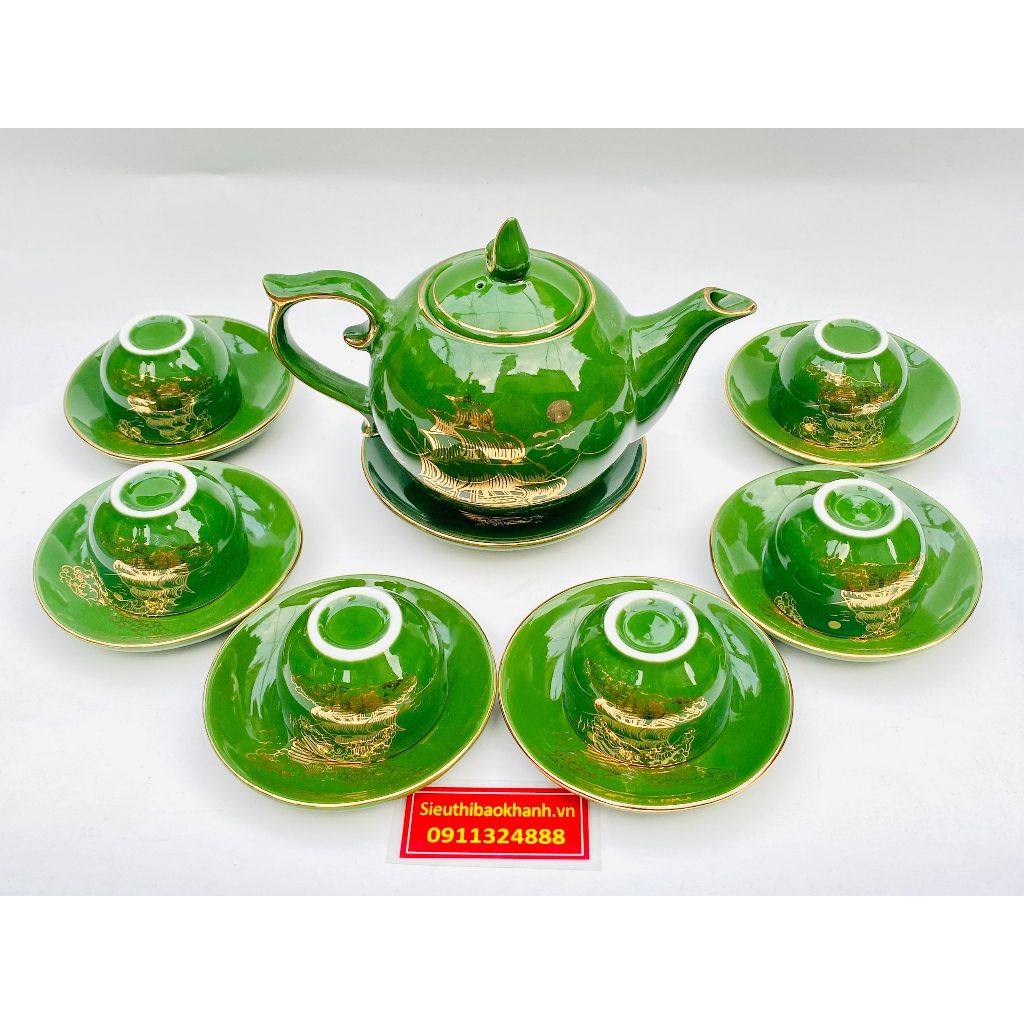  Bộ ấm chén ngọc lục bảo gốm sứ Bát Tràng vẽ vàng BKCEVN-8084 