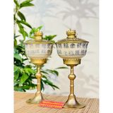  [ĐỒ THỜ CÚNG]-Cặp đèn dầu đồng thân gốm xuất xứ Bát Tràng 25cm 