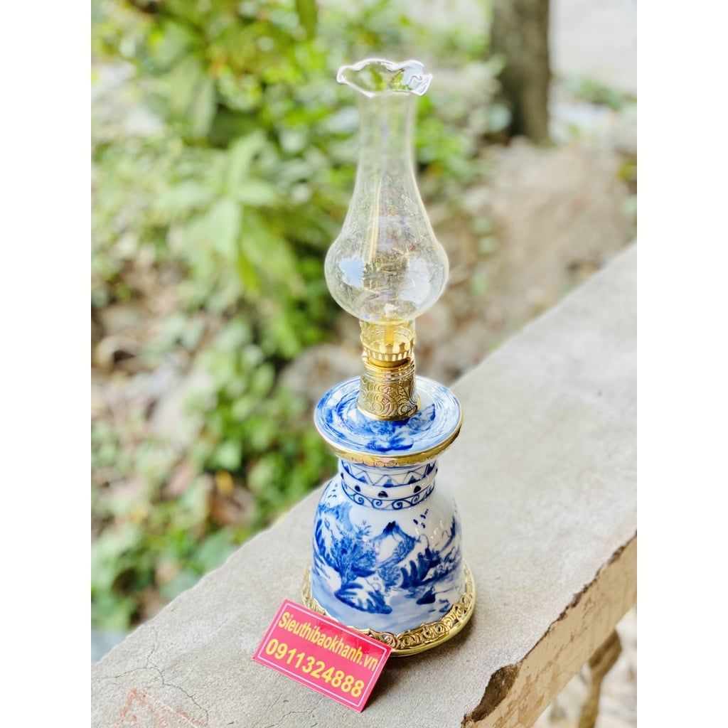  [ĐỒ THỜ CÚNG]-Cặp đèn dầu đồng thân gốm xuất xứ Bát Tràng 25cm 