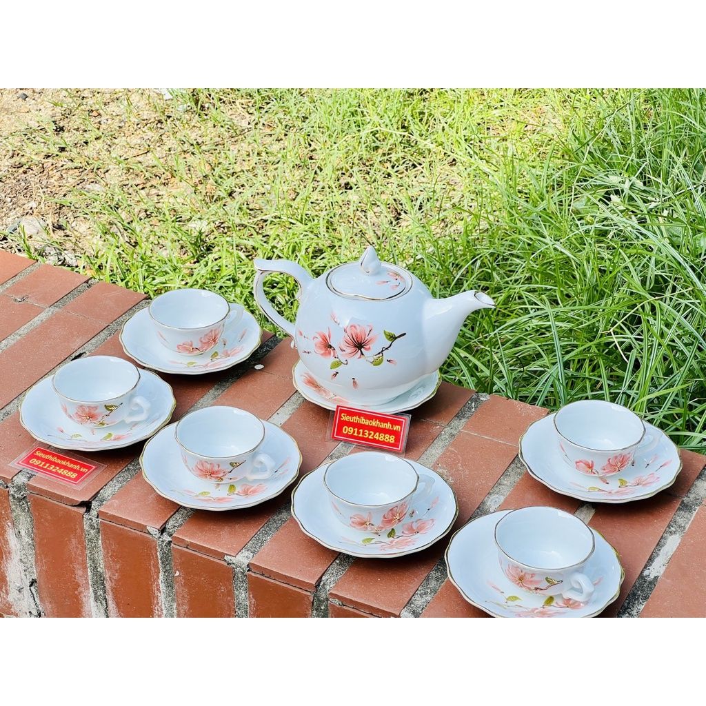  Bộ ấm chén Bát Tràng men trắng hoa tiết hoa 