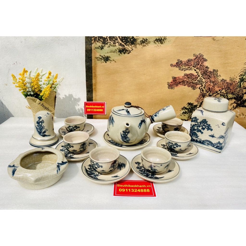  Bộ Ấm Trà Men Rạn Men Lam Vẽ Sơn Thủy Kèm Phụ kiện BKCEVN-8001 