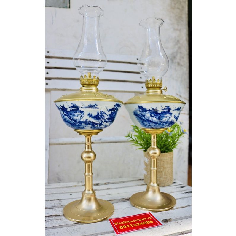  cặp đèn đầu đồng thân gốm xuất xứ Bát Tràng 25cm 