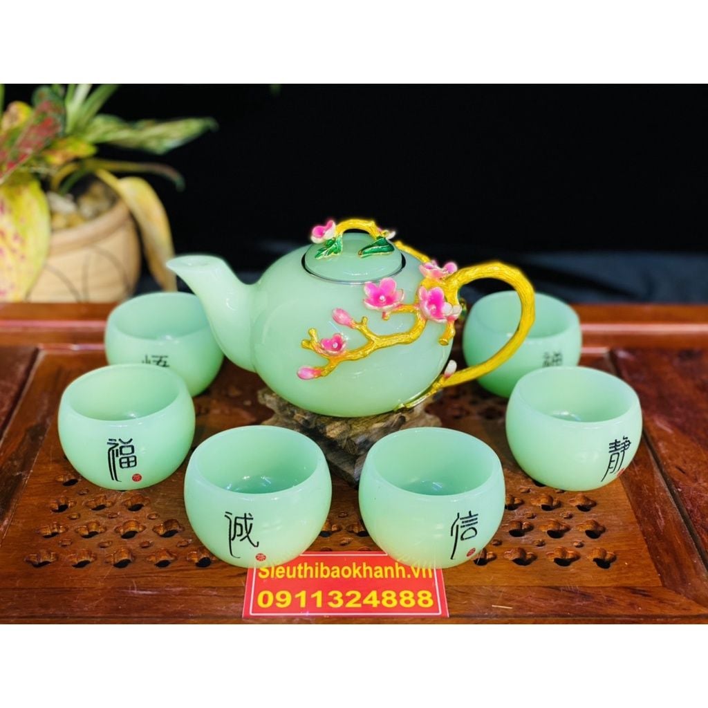  Bộ ấm chén đá xanh ngọc họa tiết Hoa Mai in nổi 350ml BKCEVN-8021 