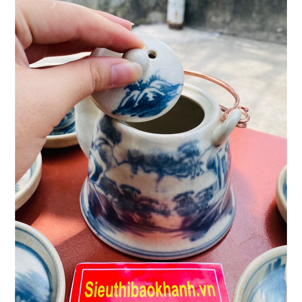  Bộ ấm chén men rạn Bát Tràng, họa tiết sơn thủy BKCE-001170VN-0004 
