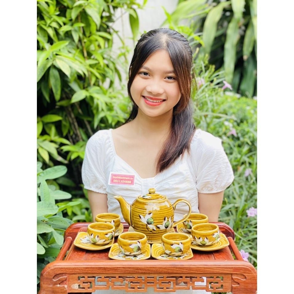  Bộ ấm chén Bát Tràng men họa tiết sen -Ấm chén Bảo Khánh 