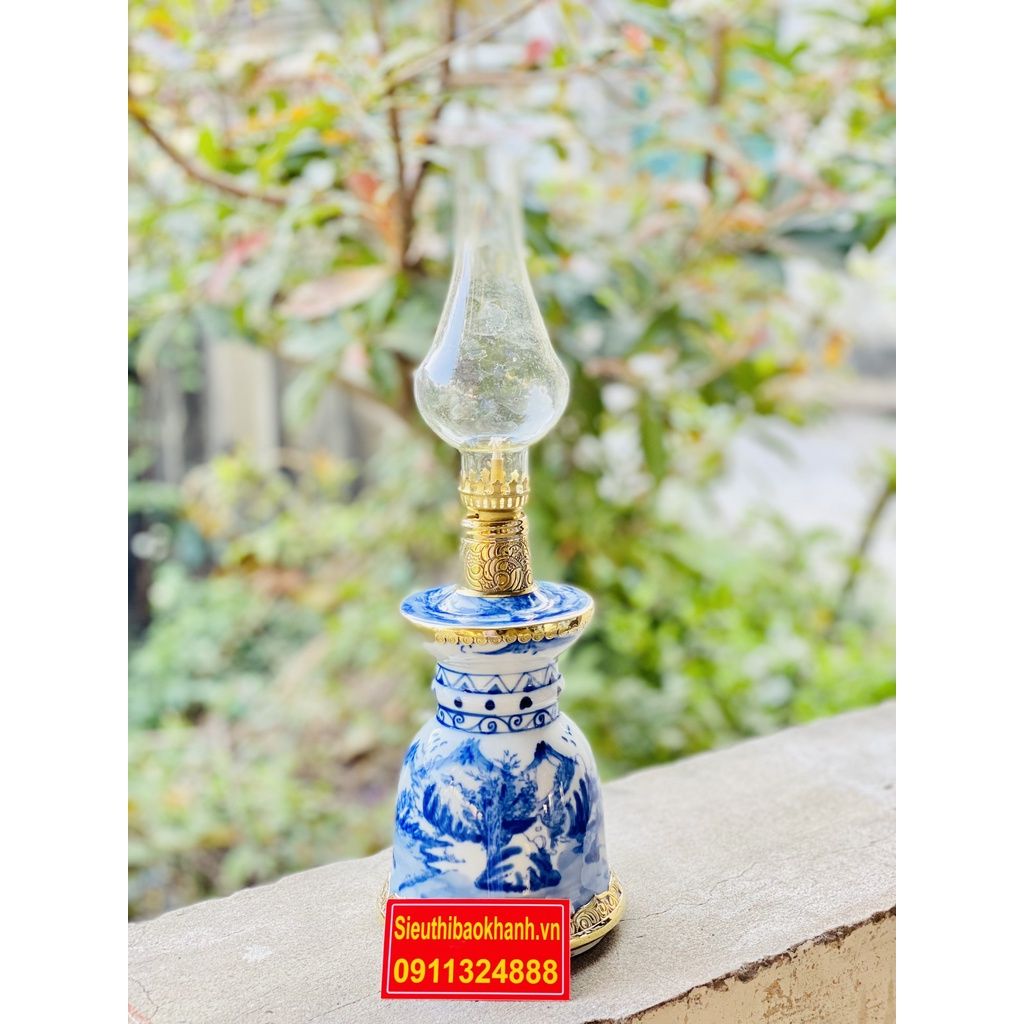  [ĐỒ THỜ CÚNG]-Cặp đèn dầu đồng thân gốm xuất xứ Bát Tràng 25cm 