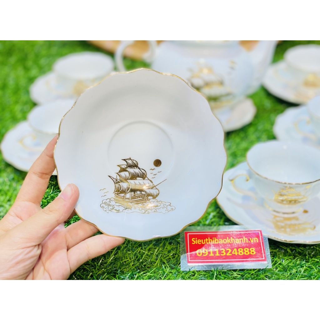  Bộ Ấm Chén,Ấm Trà Đẹp Men Trắng Viền Vàng họa tiết thuận buồm xuôi gió Chính Hãng Bát Tràng 350ml-Siêu Thị Bảo Khánh 