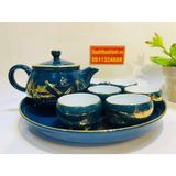  Bộ ấm chén Bát Tràng men xanh vẽ vàng phong cảnh BKCEVN-8107 