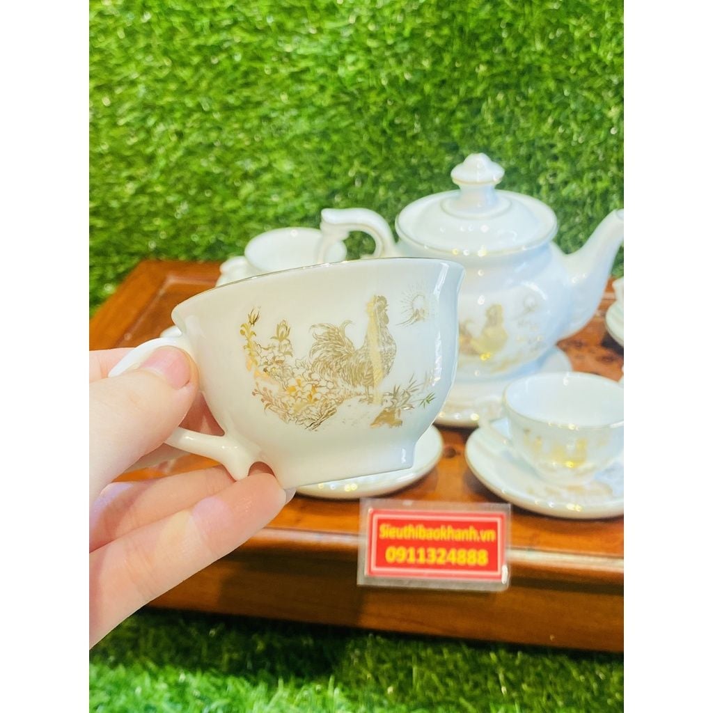  Bộ ấm chén men kem hoa tiết Kim Kê Đại Cát 