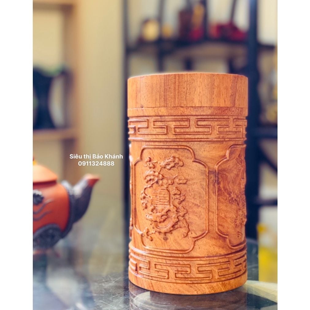  Đồ gỗ Bảo Khánh -Hũ đựng chè tứ quý gỗ hương 