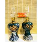  [ĐỒ THỜ CÚNG]-Cặp đèn dầu đồng thân gốm xuất xứ Bát Tràng họa tiết đắp nổi hoa sen-26cm- Bát Tràng Bảo Khánh 