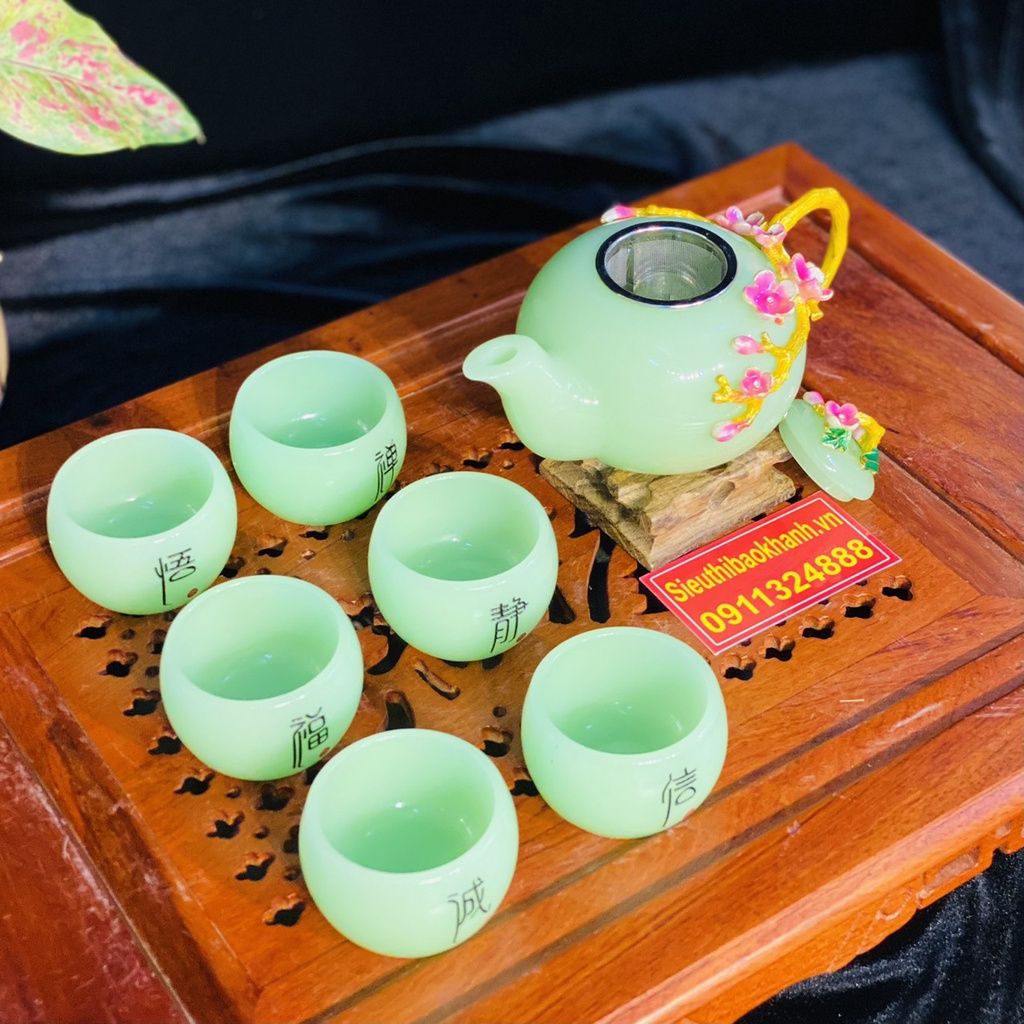  Bộ ấm chén đá xanh ngọc họa tiết Hoa Mai in nổi 350ml BKCEVN-8021 