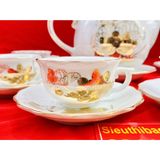  [BÁT TRÀNG CHÍNH HÃNG]-Bộ ấm chén men trắng vẽ vàng chóp lửa họa tiết sen 