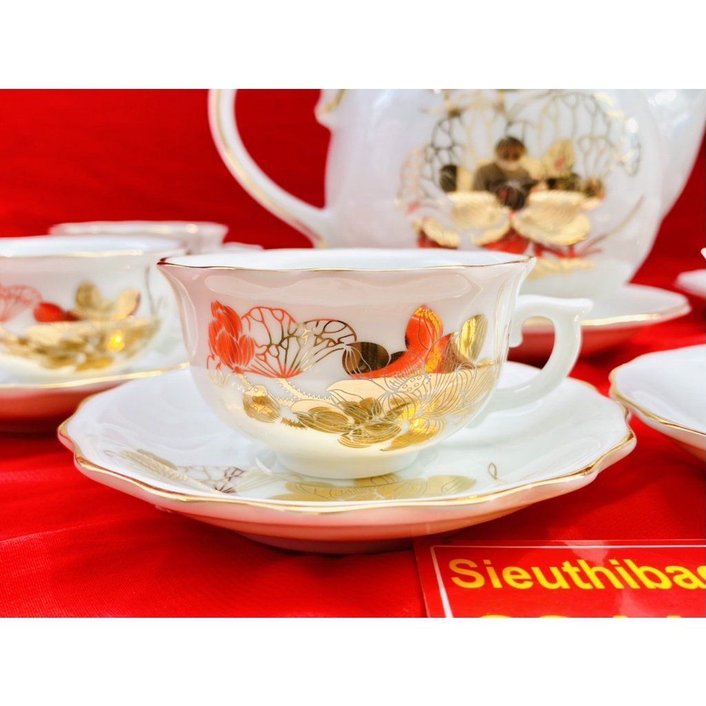  [BÁT TRÀNG CHÍNH HÃNG]-Bộ ấm chén men trắng vẽ vàng chóp lửa họa tiết sen 