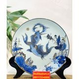  [BÁT TRÀNG CHÍNH HÃNG]-Đĩa Cảnh Men Lam Họa Tiết Lí Ngư-Mỹ Nghệ Bảo Khánh-Đĩa Trang Trí 35cm. 