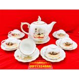  [BÁT TRÀNG CHÍNH HÃNG]-Bộ ấm chén men trắng vẽ vàng chóp lửa họa tiết sen 