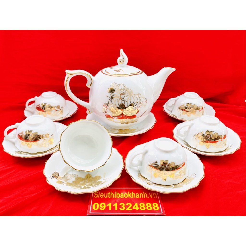  [BÁT TRÀNG CHÍNH HÃNG]-Bộ ấm chén men trắng vẽ vàng chóp lửa họa tiết sen 