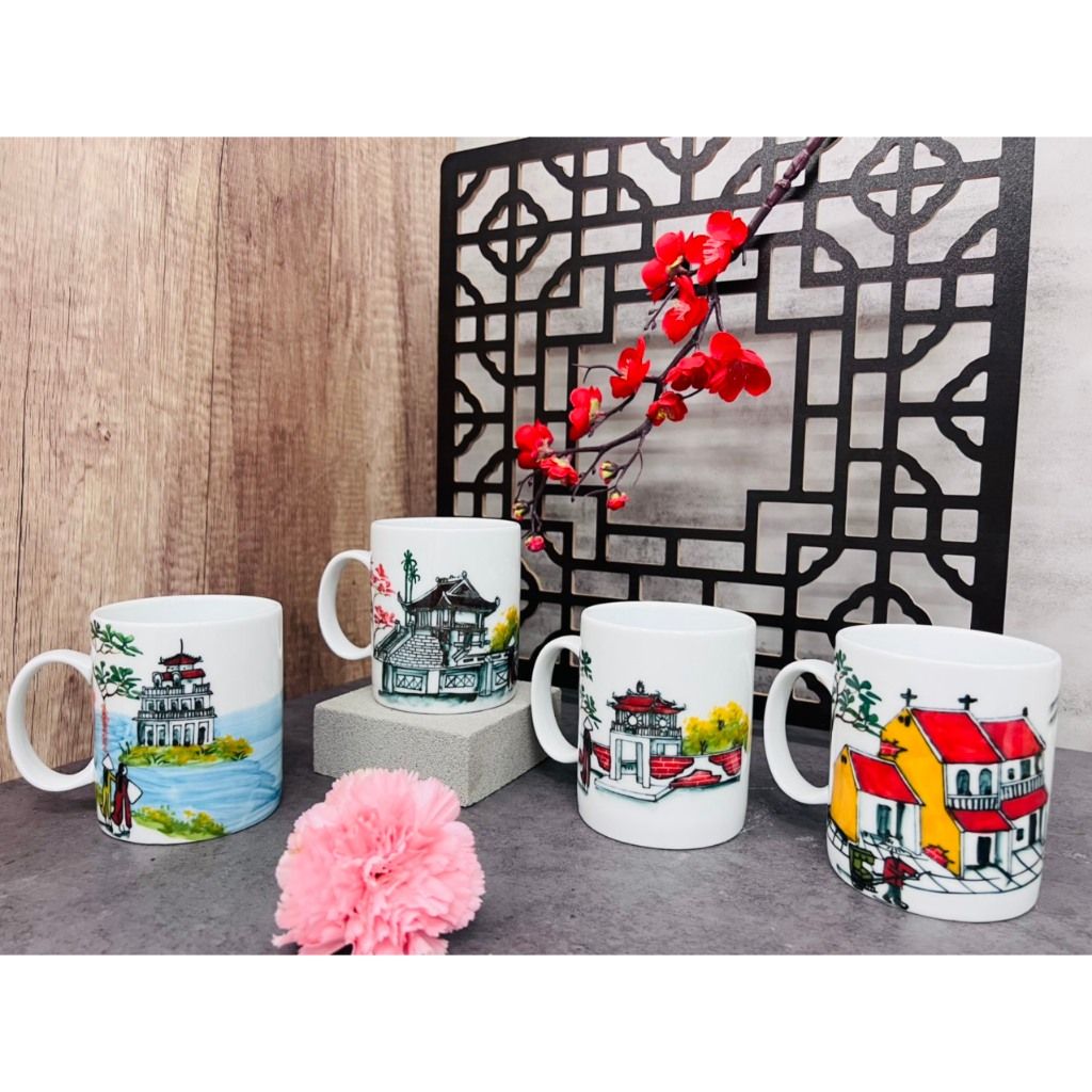  [Gốm Sứ Bát Tràng] Cốc vẽ tay hình phong cảnh Hà Nội Dáng C siêu đẹp 