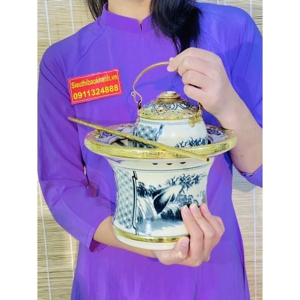 Bộ điếu bát giả cổ bọc đồng dáng ống loe cao cấp Bát Tràng BKCE-001900VN-1417