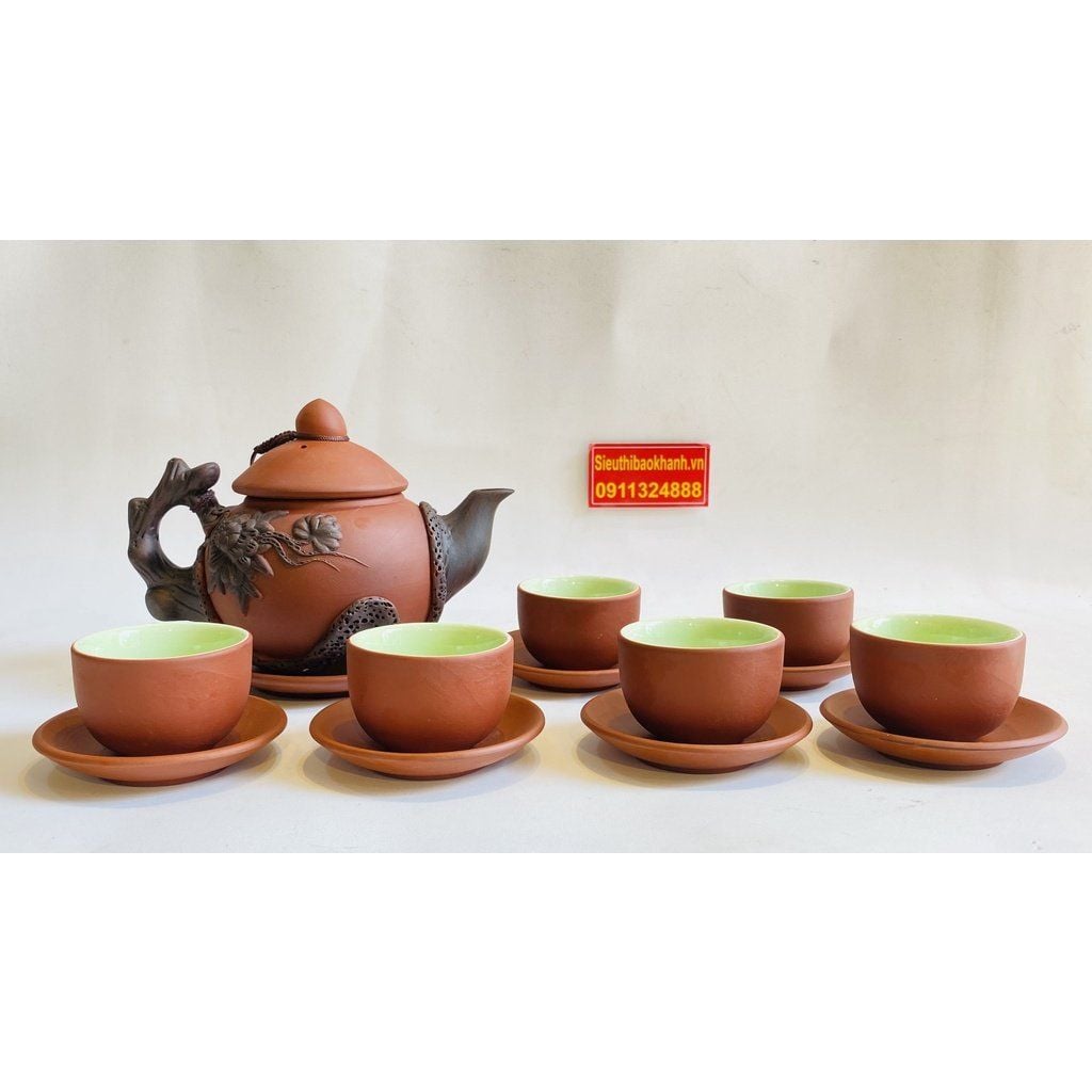  Bộ ấm chén tử sa lòng xanh họa tiết hoa mai 350ml BKCEVN-8207 